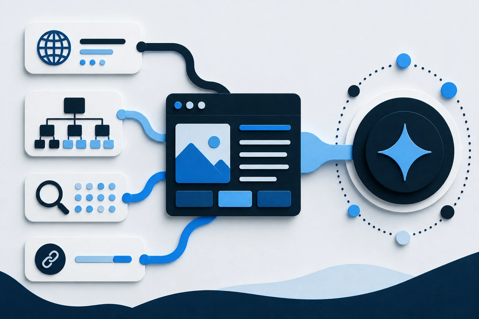 A website connected to search, links, a sitemap, and an AI discovery symbol