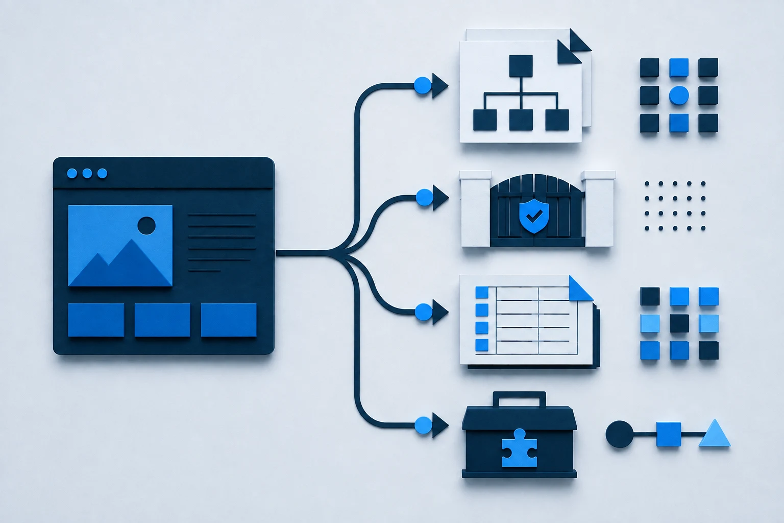 A website branching into sitemap, crawler access, product feed, and tool connection routes